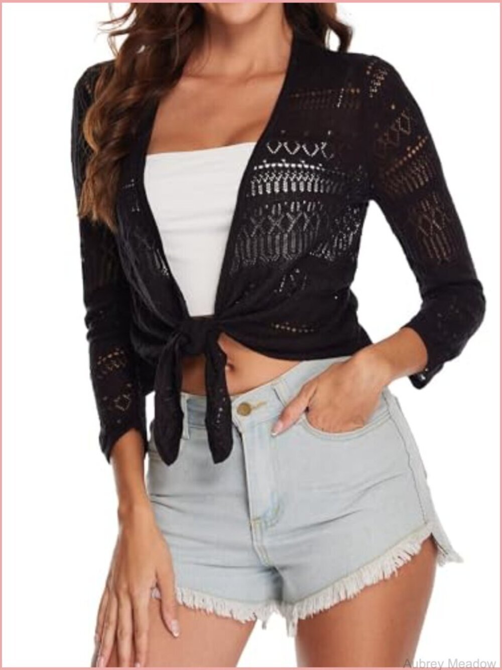 Crochet Tie Front Sheer Shrug Cardigan 3/4 Sleeve Lightweight Summer - Picture 2 of 7